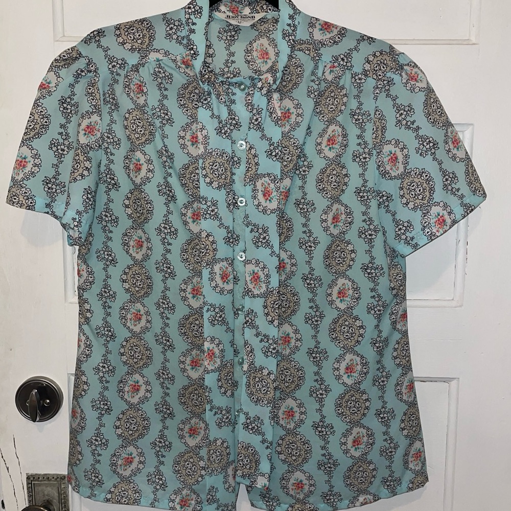 SOLD! Vintage Judy Bond Size 12 Mint Green Floral Button Up Bow Blouse